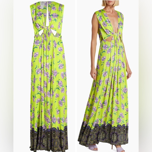 Etro Floral Print Cut-Out Gown Green Dress